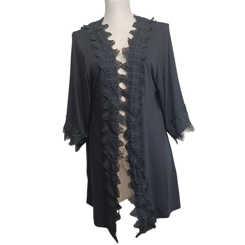 Velzera Womens Black Crochet Lace Trim Open Front Kimono Cardigan One Size